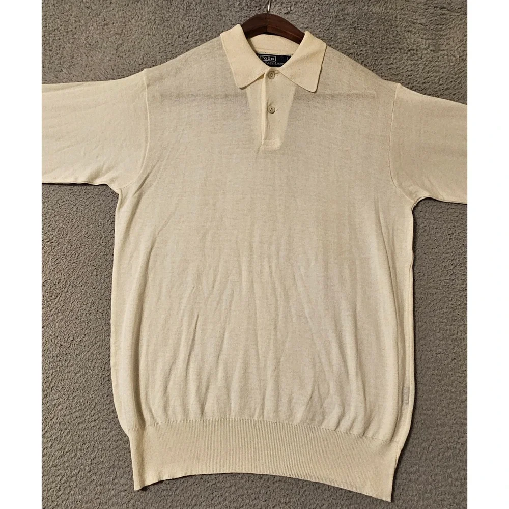 Polo Ralph Lauren Mens Cream Cotton Long Sleeve Polo Sweater Made in Italy Large